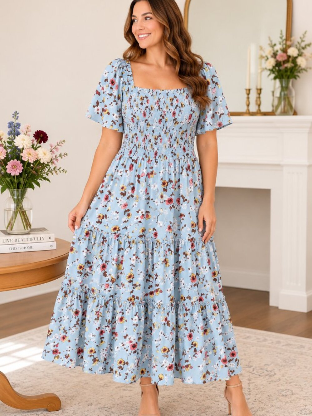 Ivy City Co Aniston Dress 1X Blue Floral Smocked Puff Sleeve Tiered Maxi